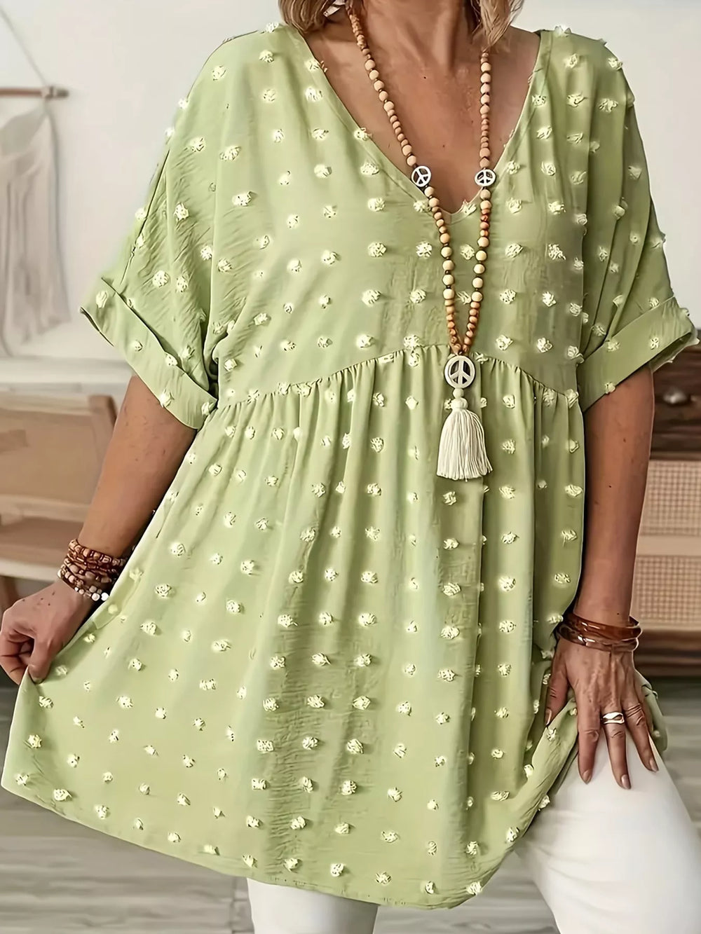 Plus Size Swiss Dot V-Neck Casual Blouse